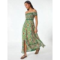 Roman Petite Abstract Bardot Midi Dress - Green