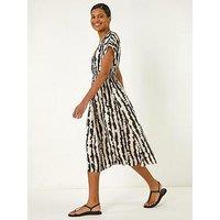 Roman Abstract Print Shirred Midi Dress - Black
