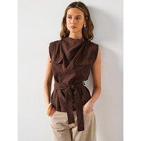 Mango Draped Neck Blouse With Belt - Brown
