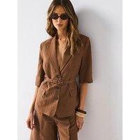 Mango Linen Blend Suit Blazer With Belt - Brown