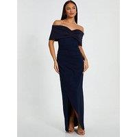 Quiz Navy Bardot Front Wrap Maxi Dress