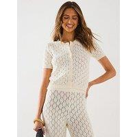 Mango Short-Sleeved Openwork Knitted Cardigan - Cream