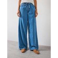 Mango Wide Leg Denim Trousers With Belt - Blue