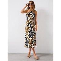 Mango Abstract Leaf Print One Shoulder Asymmetrical Dress - Brown
