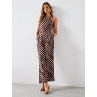 Mango Belted Linen Jumpsuit With Polka Dots - Brown