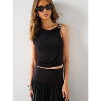 Mango Asymmetrical Top With Metallic Applique - Black