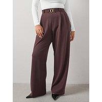 V By Very Curve Buckle Detail Stretch Wide Leg Trouser - Brown