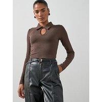 The Very Collection Long Sleeve Collar Cut Out Top - Brown