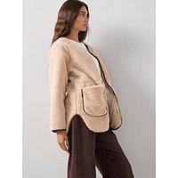 V By Very Tie Waist Borg Jacket - Cream