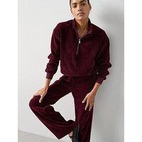 The Very Collection Velour Ribbed Half Zip Top Co-Ord - Burgundy