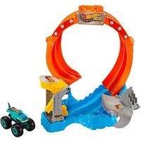Hot Wheels Monster Trucks Corkscrew Shark Smash Track Set & 1:64 Scale Mega-Wrex Toy Truck