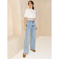 Michelle Keegan Double Waistband Wide Leg Jean - Mid Wash