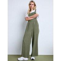 Pixiegirl Petite Acid Wash Wide Leg Jumpsuit - Green
