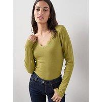 The Very Collection Lace Trim Long Sleeve Rib Top - Green
