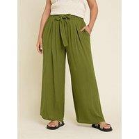 Yours Curve Crinkle Tie Waist Wide Leg Trouser - Green