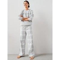 The Very Collection Slogan Sweat And Woven Check Bottoms Pj Set - Grey