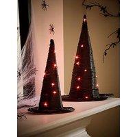 Very Home Set Of 2 Rattan Witch Hats With Orange Leds Halloween Decorations