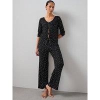 The Very Collection Polka Dot Tie Front Jersey Top And Wide Leg Bottom Pj Set - Black