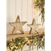 Heaven Sends Set Of 2 Gold Wooden Star Christmas Decorations