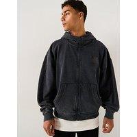 Hugo Oversized Fit Delvelyn Zip Through Acid Wash Hoodie - Black