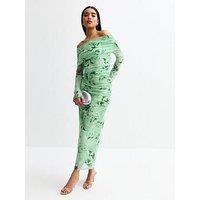 New Look Floral Print Mesh Bardot Midi Dress - Green