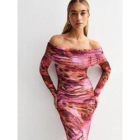 New Look Butterfly Print Mesh Bardot Midi Dress - Pink