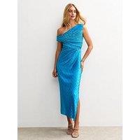 New Look Textured One Shoulder Slit Hem Midi Dress - Bright Blue