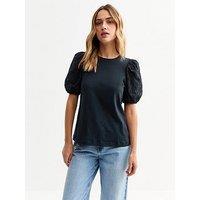 New Look Navy Broderie Anglaise Sleeve Jersey Top - Blue