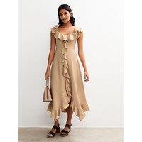 New Look Stone Ruffled Trim Asymmetric Hem Midi Dress