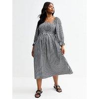 New Look Curves Gingham Print Shirred Bust Midi Dress - Black