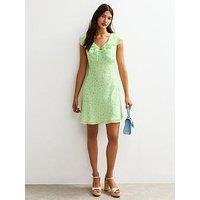 New Look Green Ditsy Print Ruffle Trim Chiffon Mini Dress