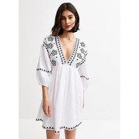 New Look Floral Embroidered Smock Mini Dress - White
