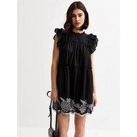 New Look Floral Embroidered Frill Trim Mini Dress - Black