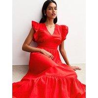 New Look Textured Cotton Frill Sleeve Tiered Midi Dress - Bright Red
