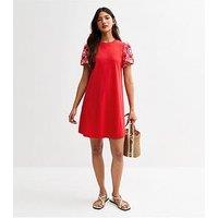 New Look Broderie Sleeve Mini Swing Dress - Red