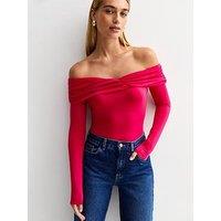 New Look Ruched Bardot Bodysuit - Dark Pink