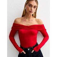 New Look Ruched Bardot Bodysuit - Red