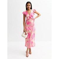 New Look Floral Print Ruffled Trimmed Satin Midi Dress - Pink