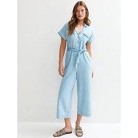 New Look Belted Denim Jumpsuit - Light Blue