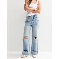 New Look Ripped Knee Wide Leg Turn Up Jeans - Light Blue