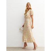 New Look Metallic Jacquard Puff Sleeve Midi Dress - Pink
