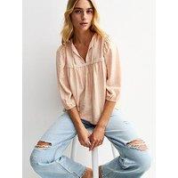New Look Lace Trim Tie Neck Blouse - Pink