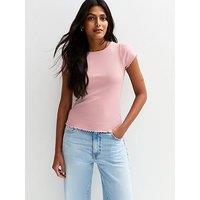 New Look Ribbed Lettuce Trim T-Shirt - Pink