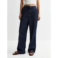 New Look Navy Drawstring Waist Wide Leg Denim Trousers - Blue