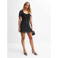 New Look Polka Dot Tie Sleeve Chiffon Mini Dress - Black