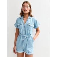 New Look Soft Denim Playsuit - Light Blue