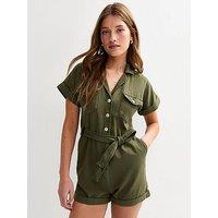 New Look Dark Khaki Short Sleeve Twill Playsuit - Green