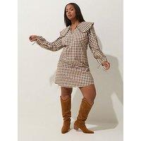 Yours Curve Gingham Collar Dress - Brown