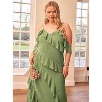 Yours Curve Ruffle Cold Shoulder Cami Dress - Green