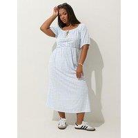 Yours Curve Gingham Puff Sleeve Dress - Blue